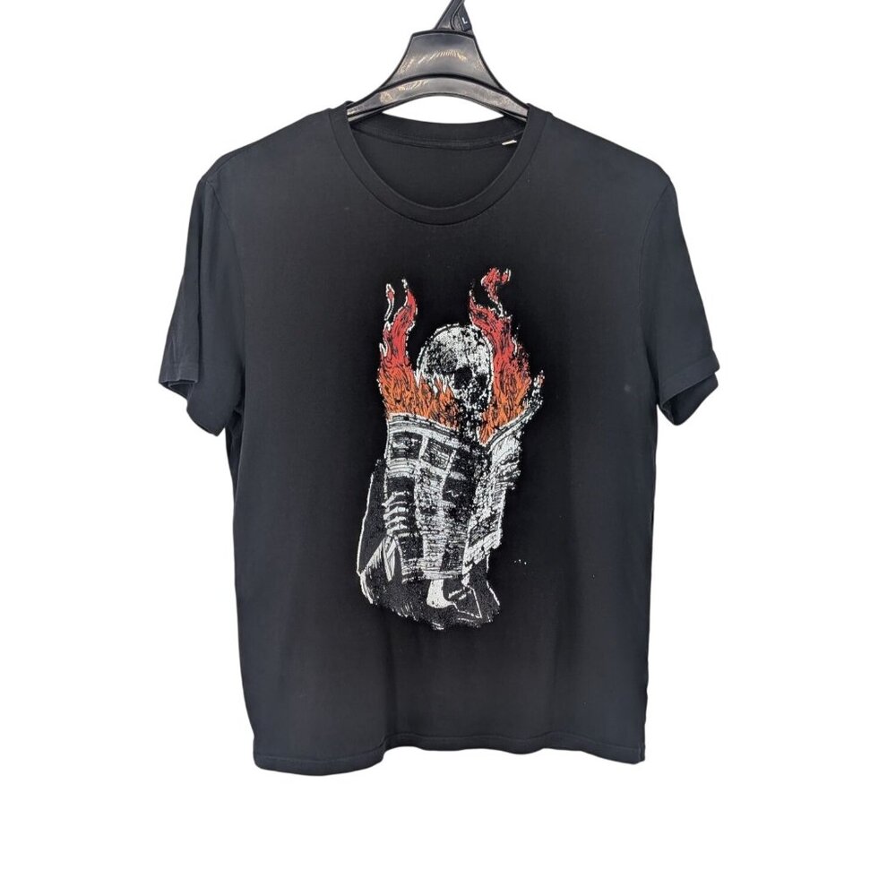 Skull Flame Graphic Print T Shirt Organic Cotton Goth Punk Streetwear Y2K Size L
